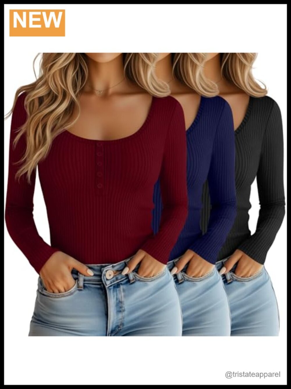 3 Pack Women Cotton Long Sleeve Henley Shirts Ribbed Button Top